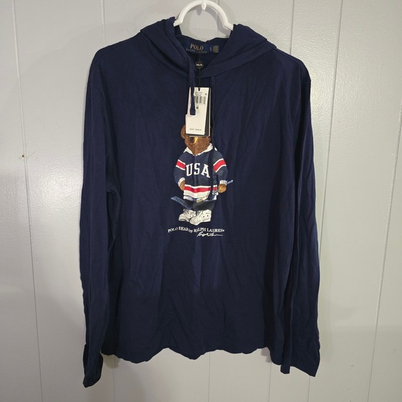 Polo Ralph Lauren Polo Bear Hockey Hoodie Mens L Navy Blue USA Graphic Tee